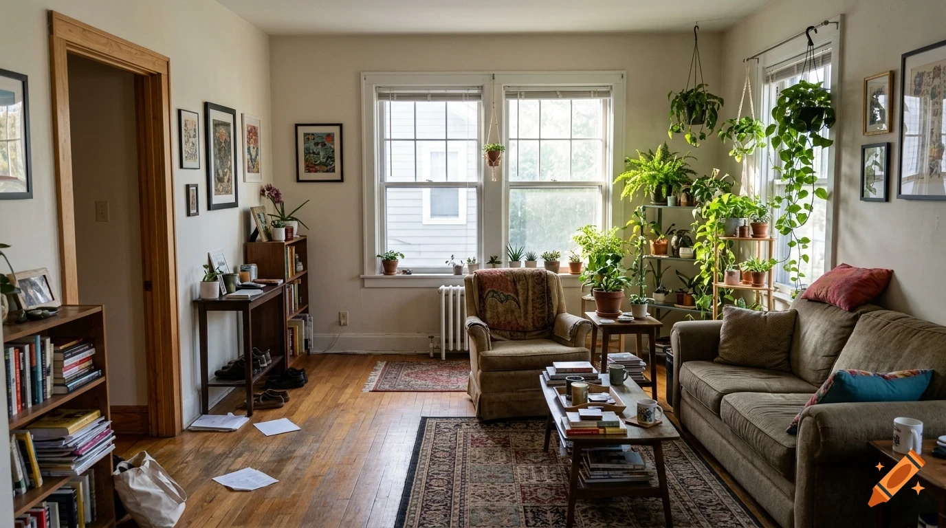 A sunlit living room filled with various potted plants, a sofa, armchair, coffee table, and bookshelves.