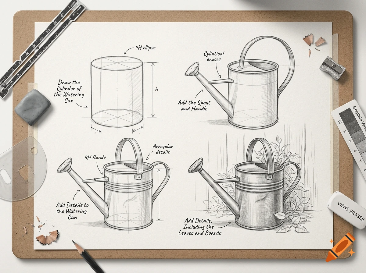 Step-by-step pencil sketch tutorial showing how to draw a watering can on a clipboard with drafting tools.