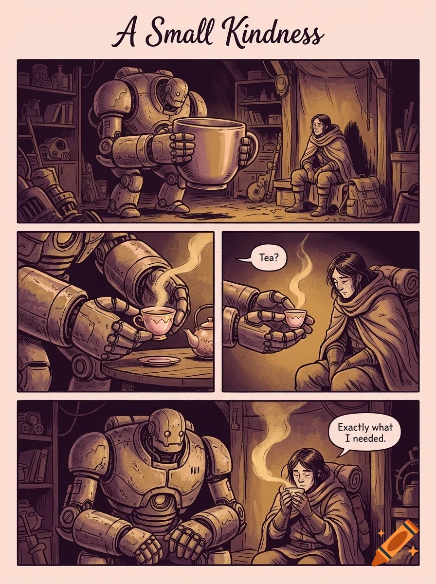 A comic strip titled A Small Kindness showing a robot offering a hot cup of tea to a traveler in a cozy shelter.