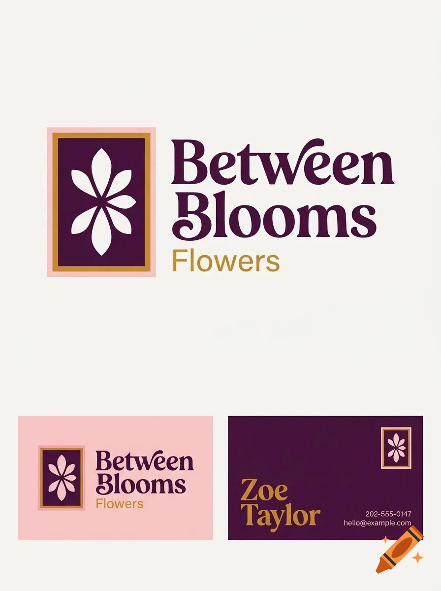A brand identity design for 'Between Blooms Flowers' featuring a floral icon and business card mockups.