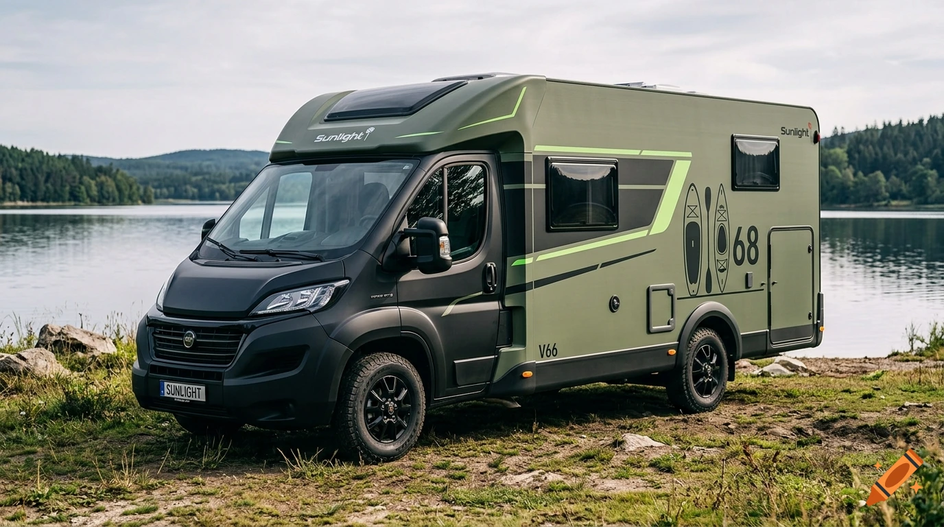 Photorealistic image of a matte olive green and black Sunlight V66 camper van parked by a scenic lake.