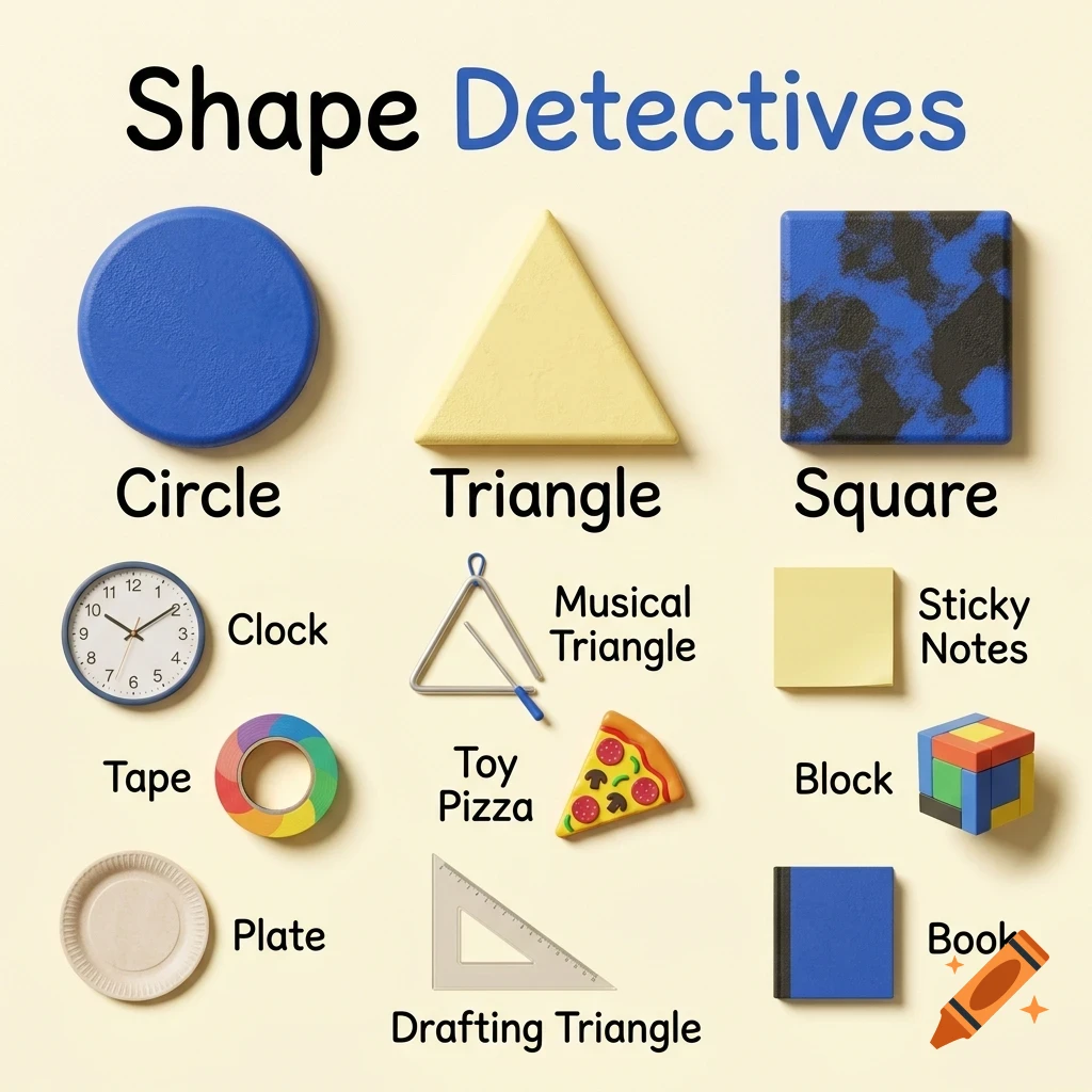 An educational chart titled Shape Detectives displaying geometric shapes like a blue circle, yellow triangle, and patterned square, along with everyday objects corresponding to these shapes.