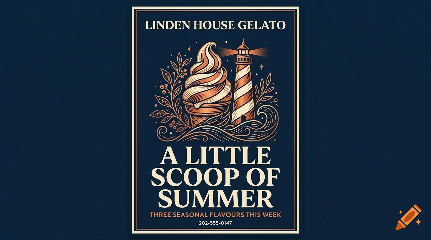 A poster design for Linden House Gelato featuring an ice cream cone, lighthouse, foliage, and text against a dark blue background.