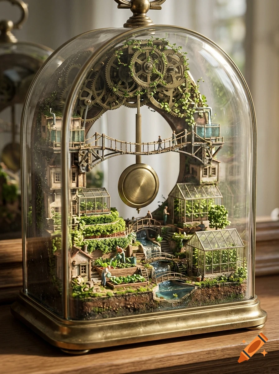 A miniature diorama of a steampunk-inspired clockwork village inside a glass bell jar.