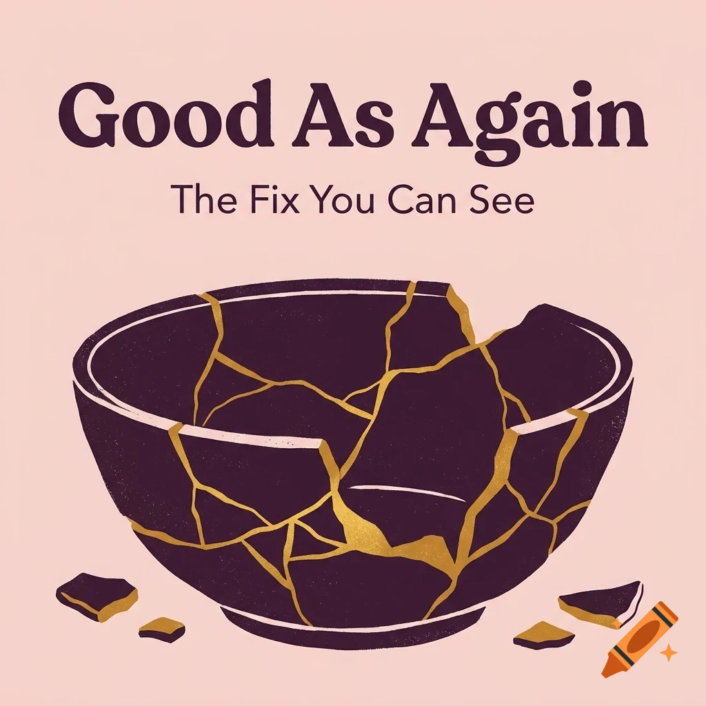 An illustration of a broken bowl mended with gold seams, featuring the text Good As Again and The Fix You Can See.