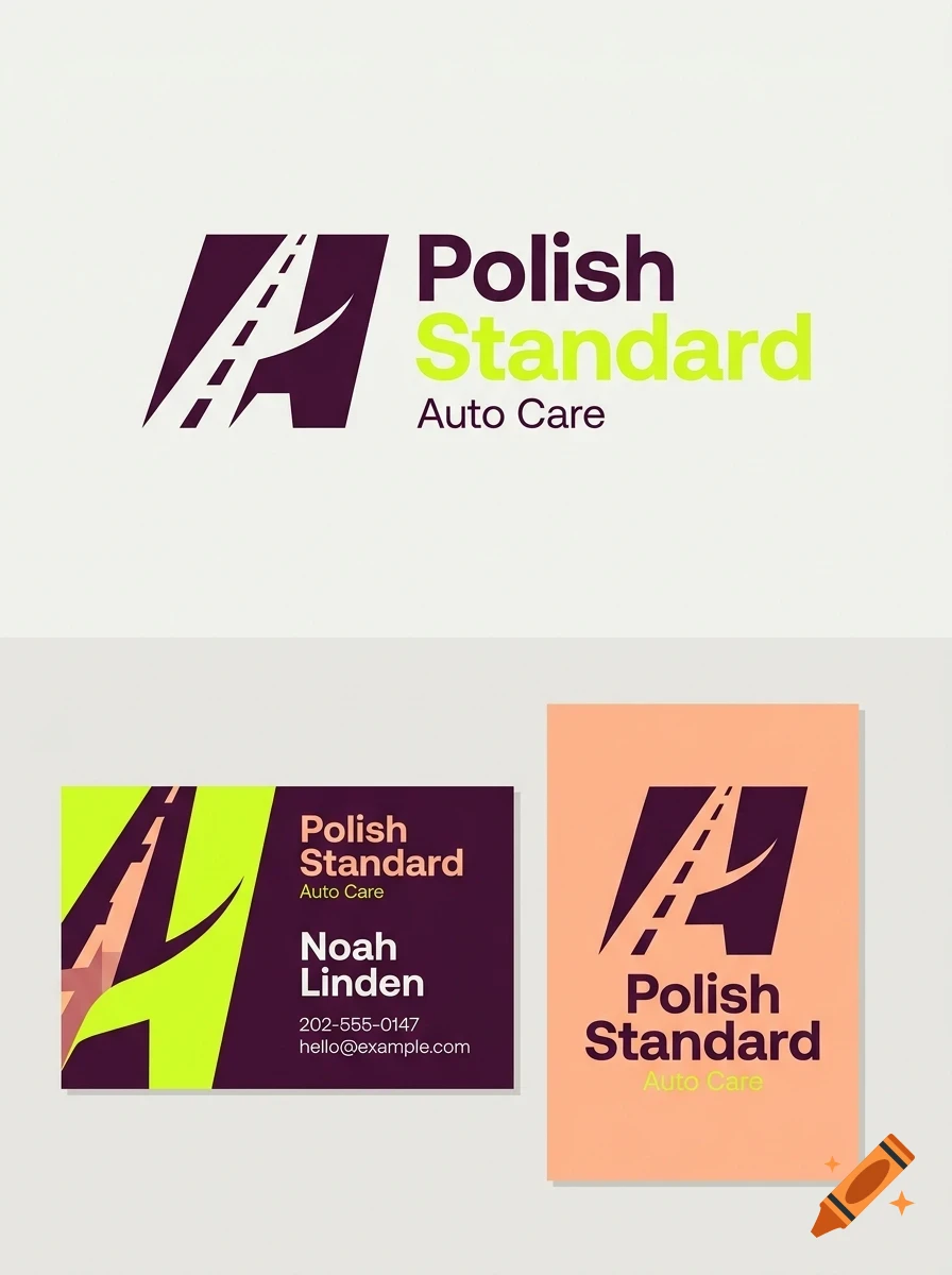 Branding design and business cards for Polish Standard Auto Care featuring an 'A' logo with a road motif.