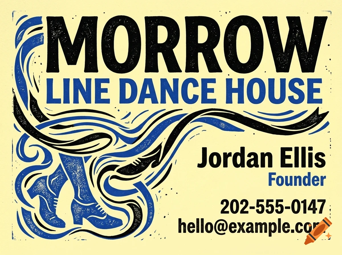 A business card with text that reads Morrow Line Dance House, Jordan Ellis Founder, phone number, and email, alongside illustrations of boots and swirling lines.