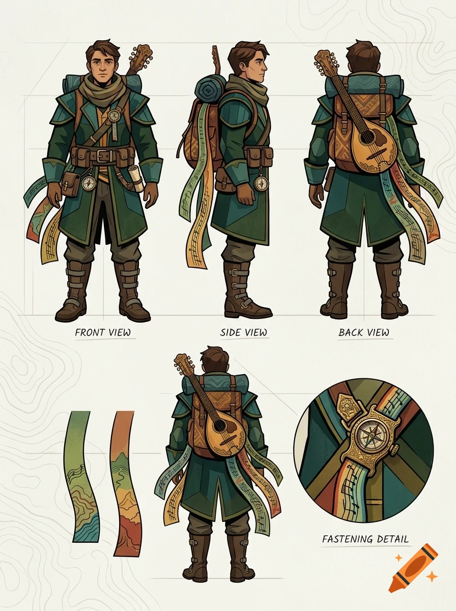 Character design sheet showing multiple views of a male adventurer in green coat, backpack, and carrying a lute, with accessory details.