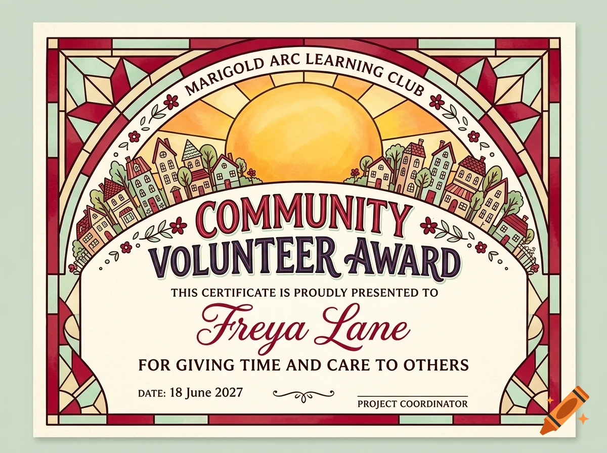 An illustrated community volunteer award certificate with a stained glass style border, a sun, and small houses.