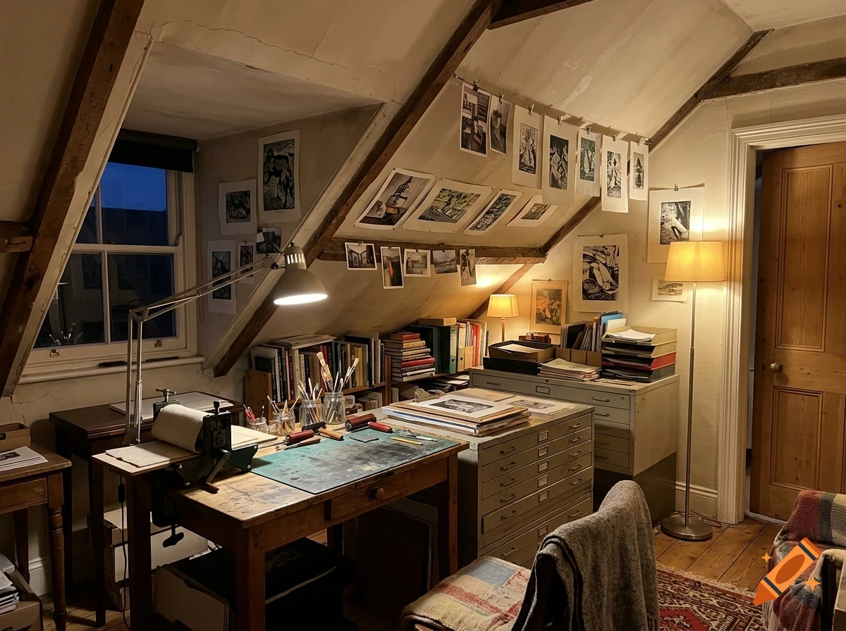 An attic art studio interior with sloped wooden beams, a desk with printmaking tools, flat file cabinets, and artwork pinned along the walls.
