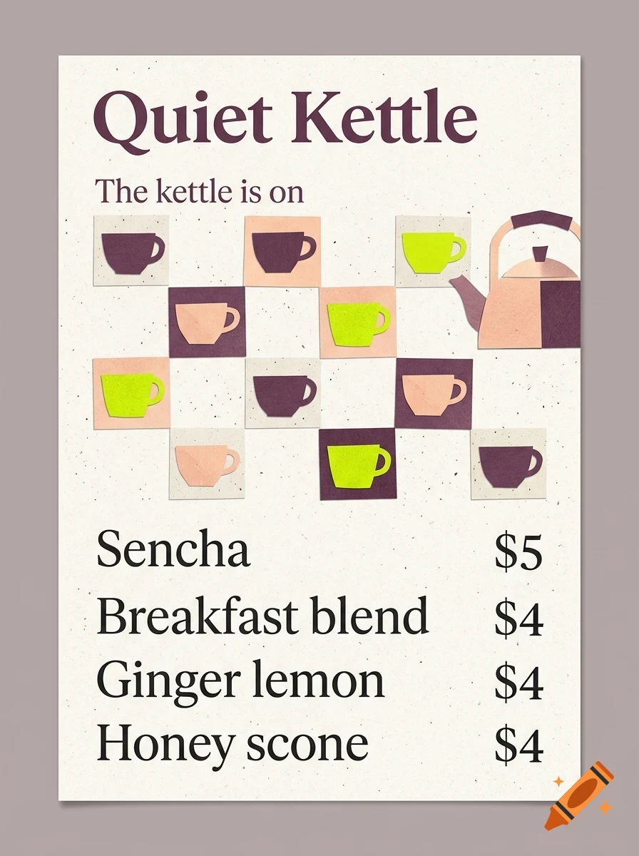 A menu poster for Quiet Kettle featuring a tea kettle and various teacups, with prices listed for Sencha, Breakfast blend, Ginger lemon, and Honey scone.