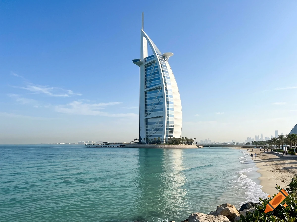 Photorealistic view of the Burj Al Arab hotel in Dubai with a clear blue sky, turquoise sea, and sandy beach.