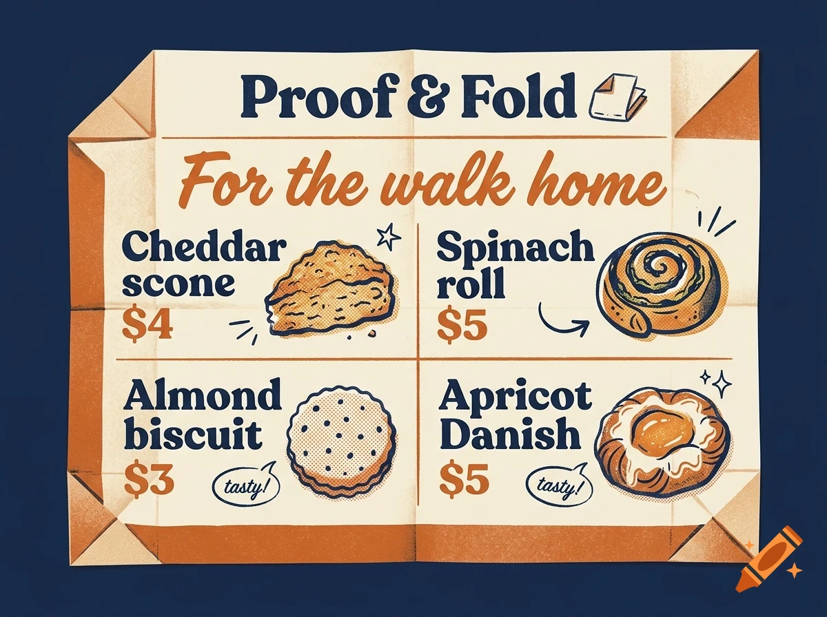 An illustrated menu for 'Proof & Fold' listing baked goods including a cheddar scone, spinach roll, almond biscuit, and apricot danish with prices.