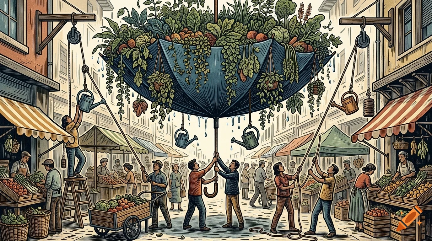 An inverted large umbrella filled with plants and vegetables is suspended over a bustling marketplace by ropes and pulleys, tended to by people.