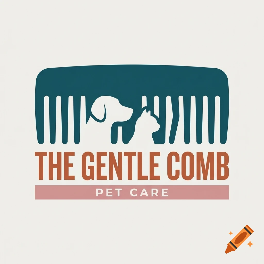 A logo featuring a teal comb silhouette containing the negative space silhouettes of a dog and cat, with the text THE GENTLE COMB PET CARE below.