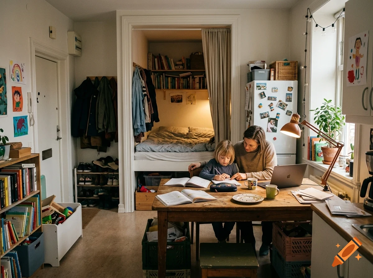 An adult woman and a child sitting at a wooden table in a small apartment, studying with open books and a laptop.