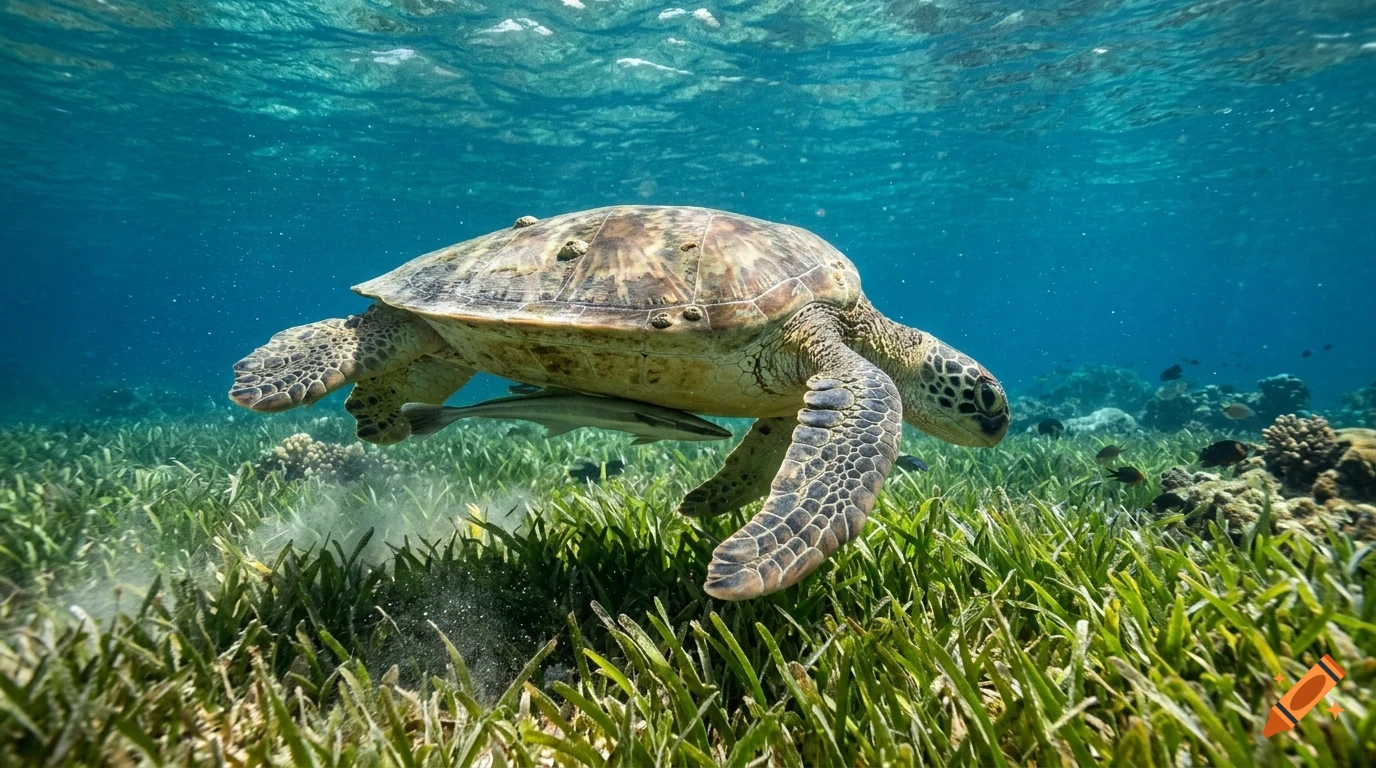 A sea turtle swimming gracefully above a lush seagrass bed in clear blue ocean water.