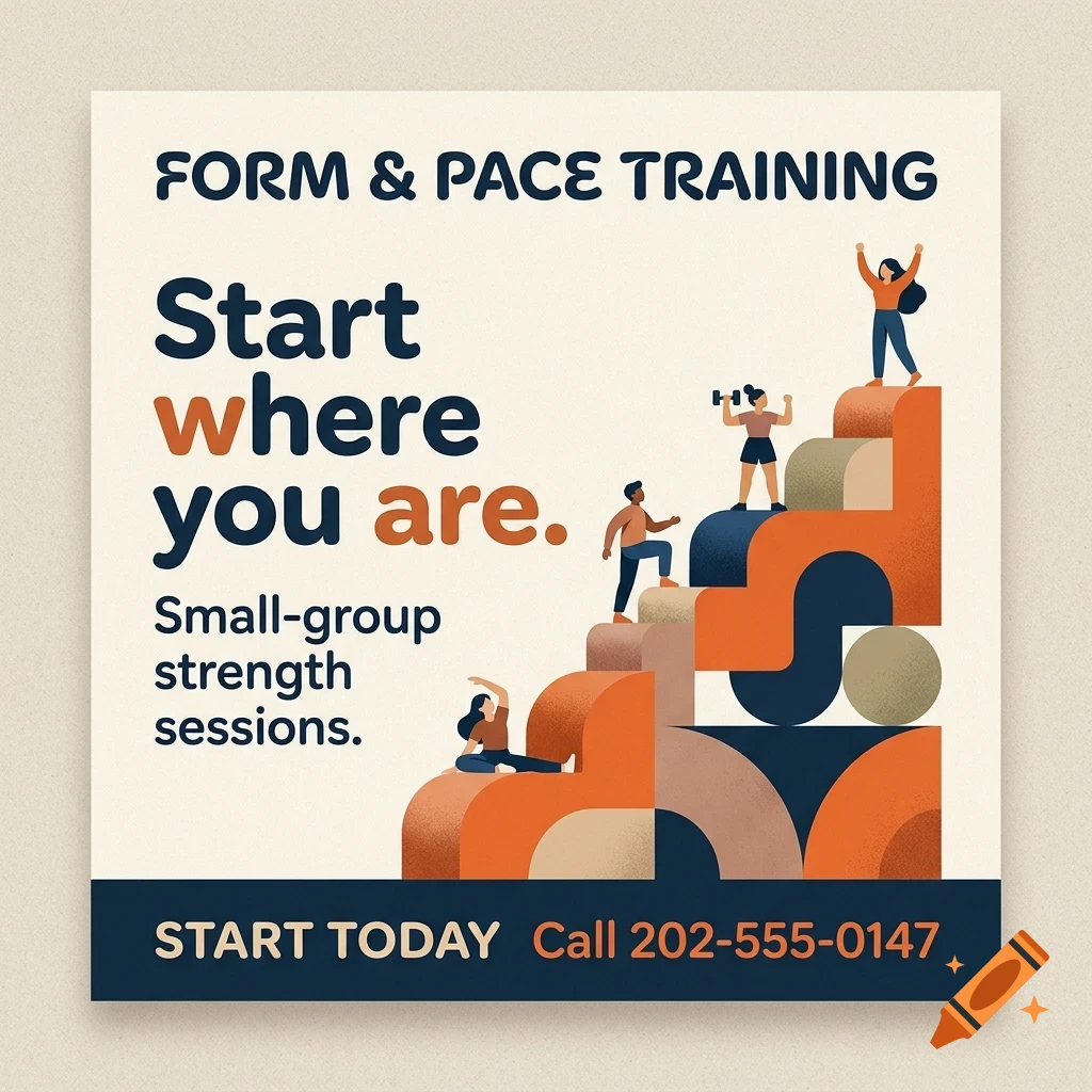 An advertisement for Form & Pace Training featuring stylized people exercising on a geometric staircase illustration and the text Start where you are.