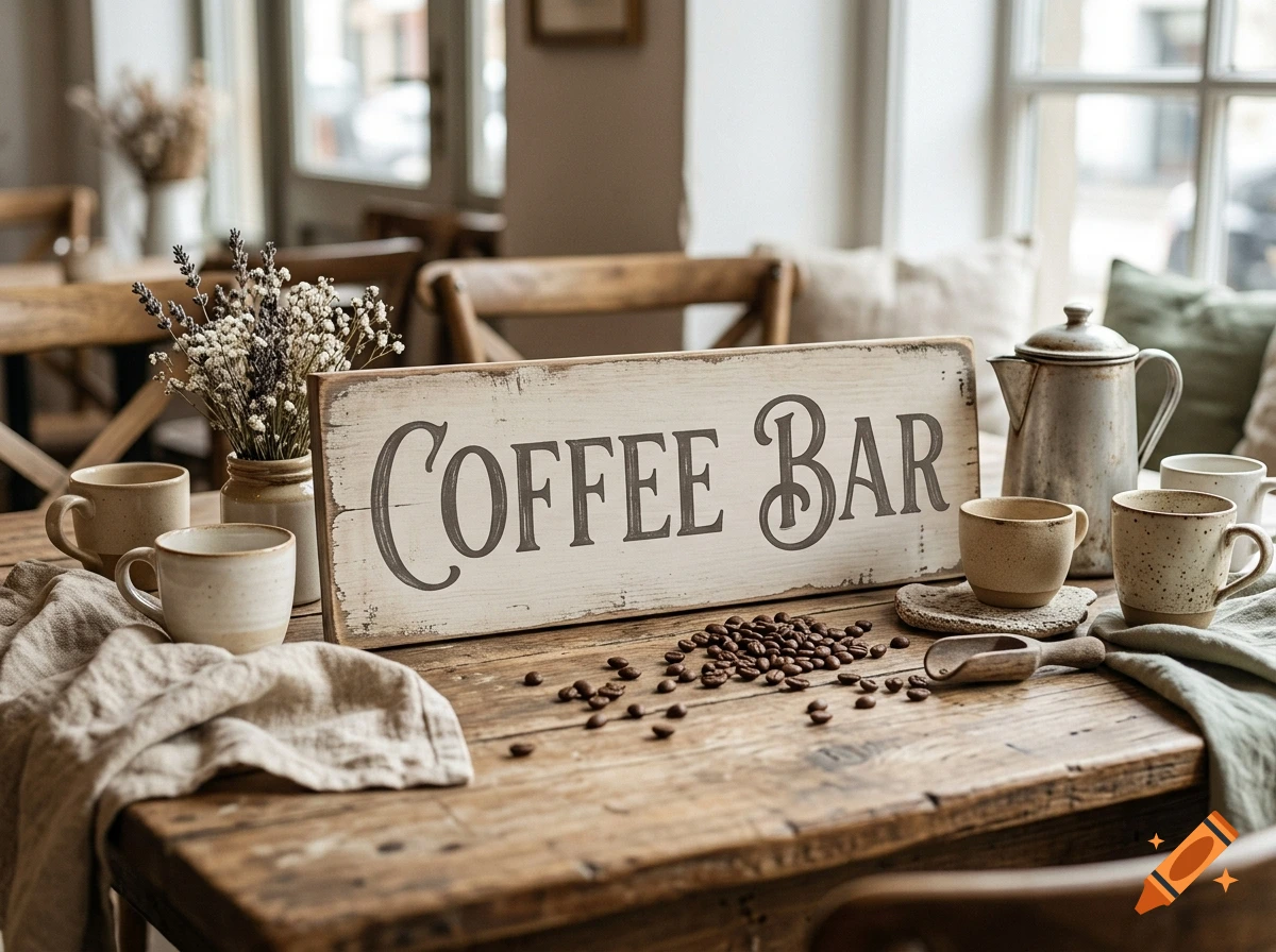 Photorealistic vintage wooden sign reading COFFEE BAR on a rustic table with coffee cups, beans, and dried flowers.