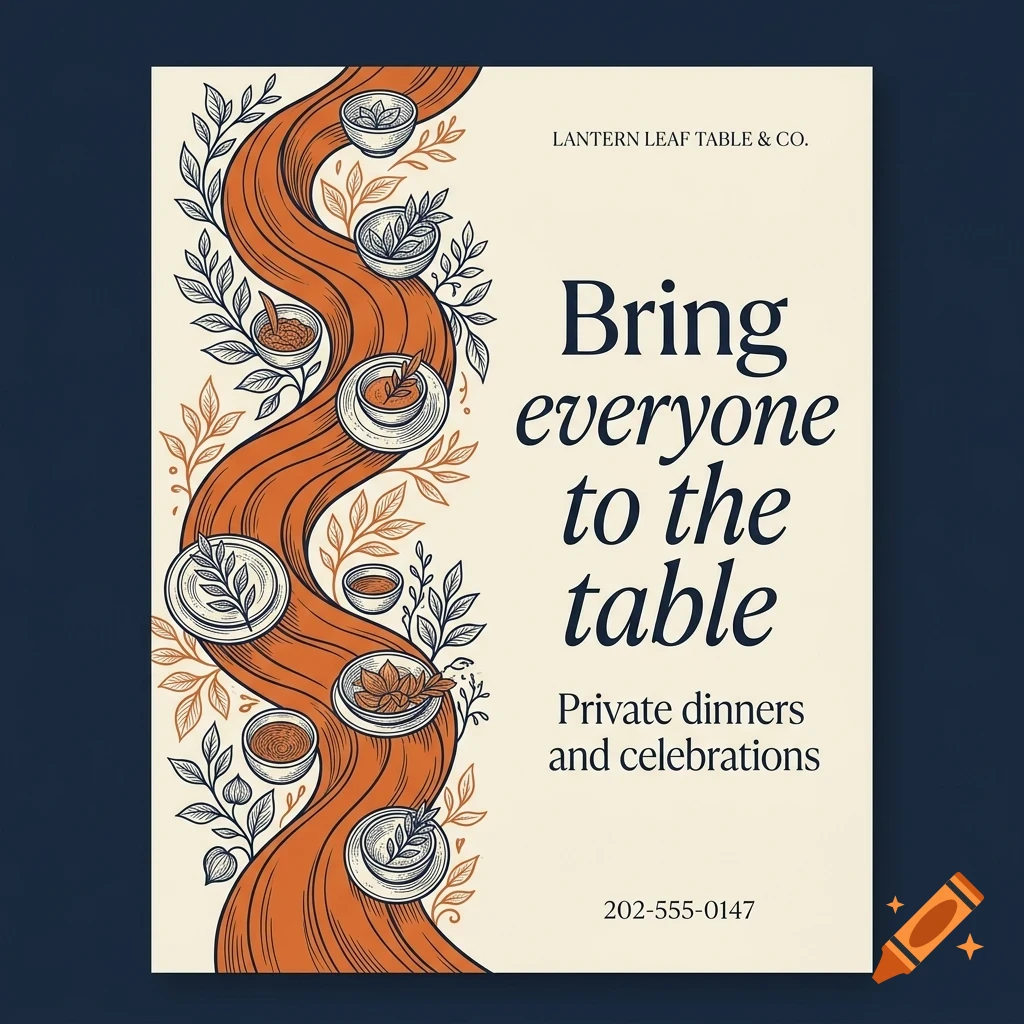 An illustrated advertisement featuring bowls of food, flowing orange ribbons, and text reading Bring everyone to the table.