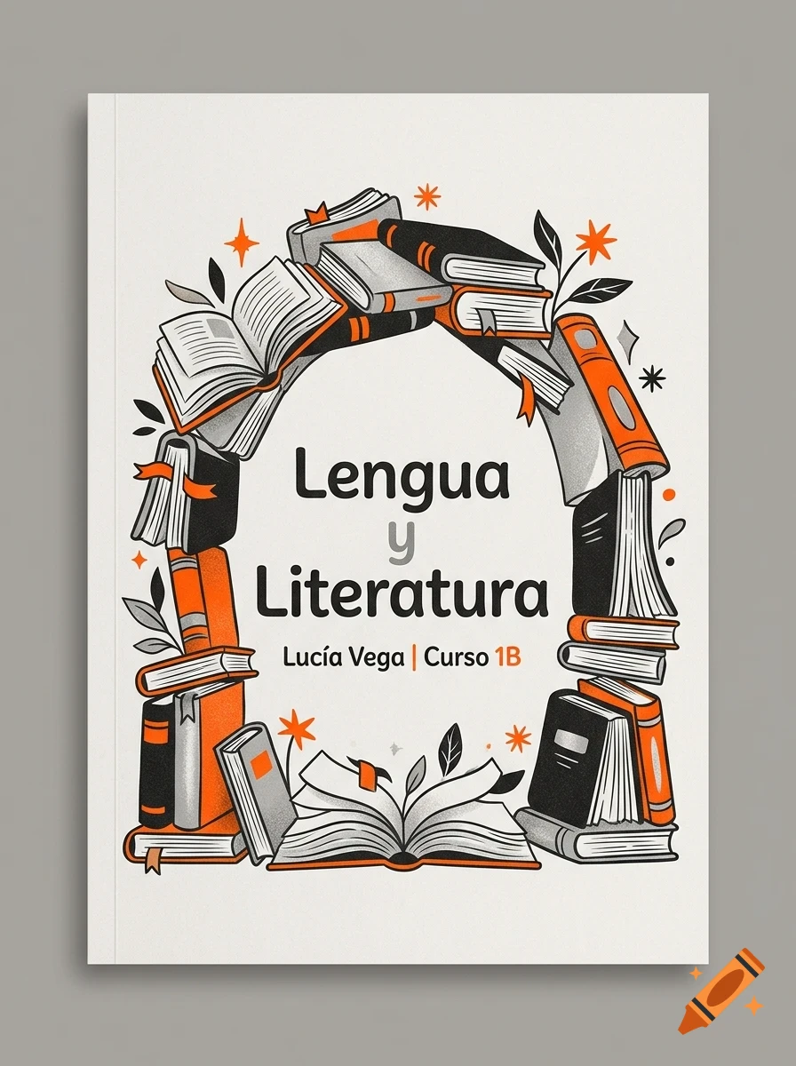 An illustration of an arch made of books with Spanish text 'Lengua y Literatura' and 'Lucía Vega | Curso 1B'.