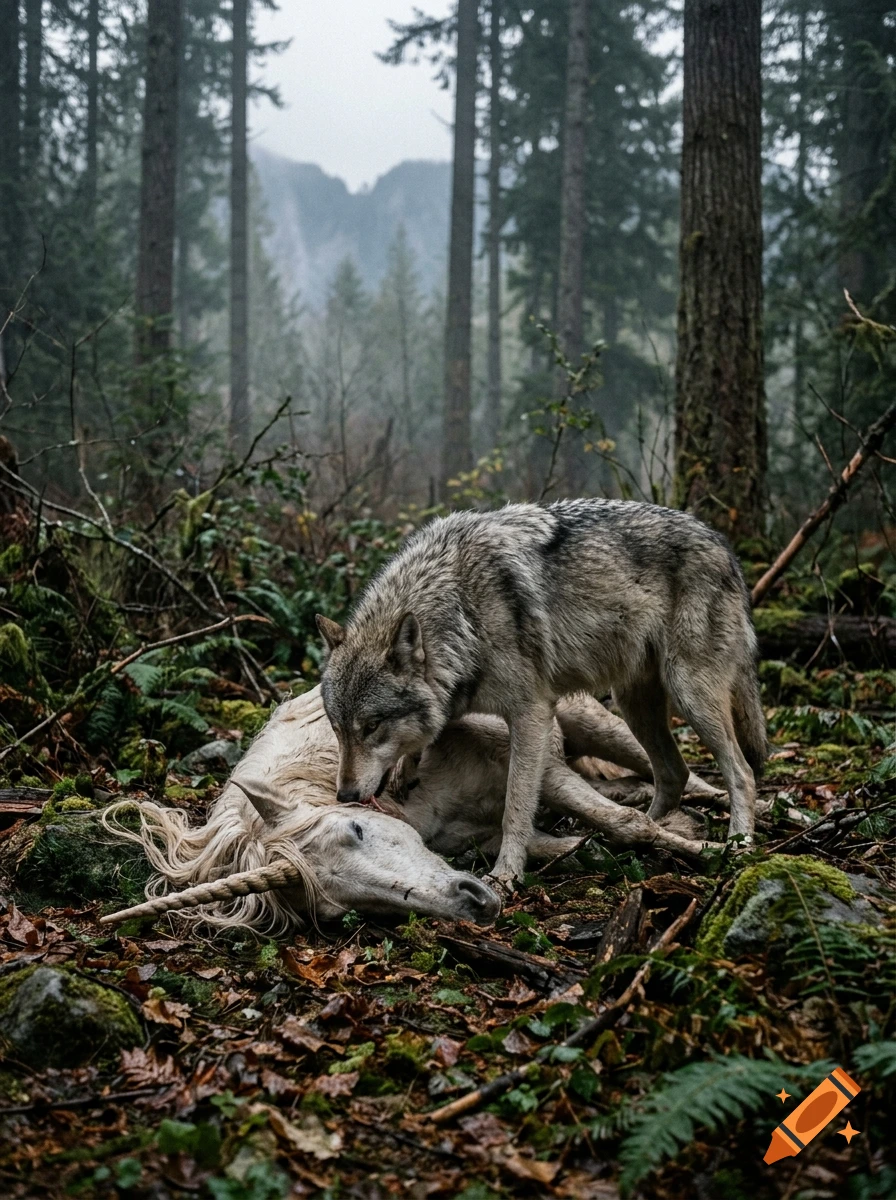 Photorealistic image of a gray wolf standing over a fallen unicorn in a foggy pine forest.