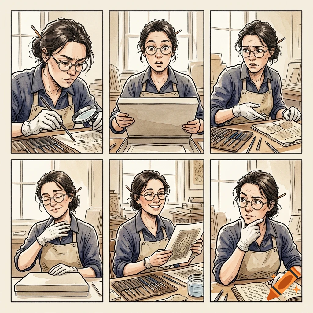 A six-panel comic strip showing a woman with glasses and an apron working in a conservation studio, examining documents, holding a box, and expressing different emotions.