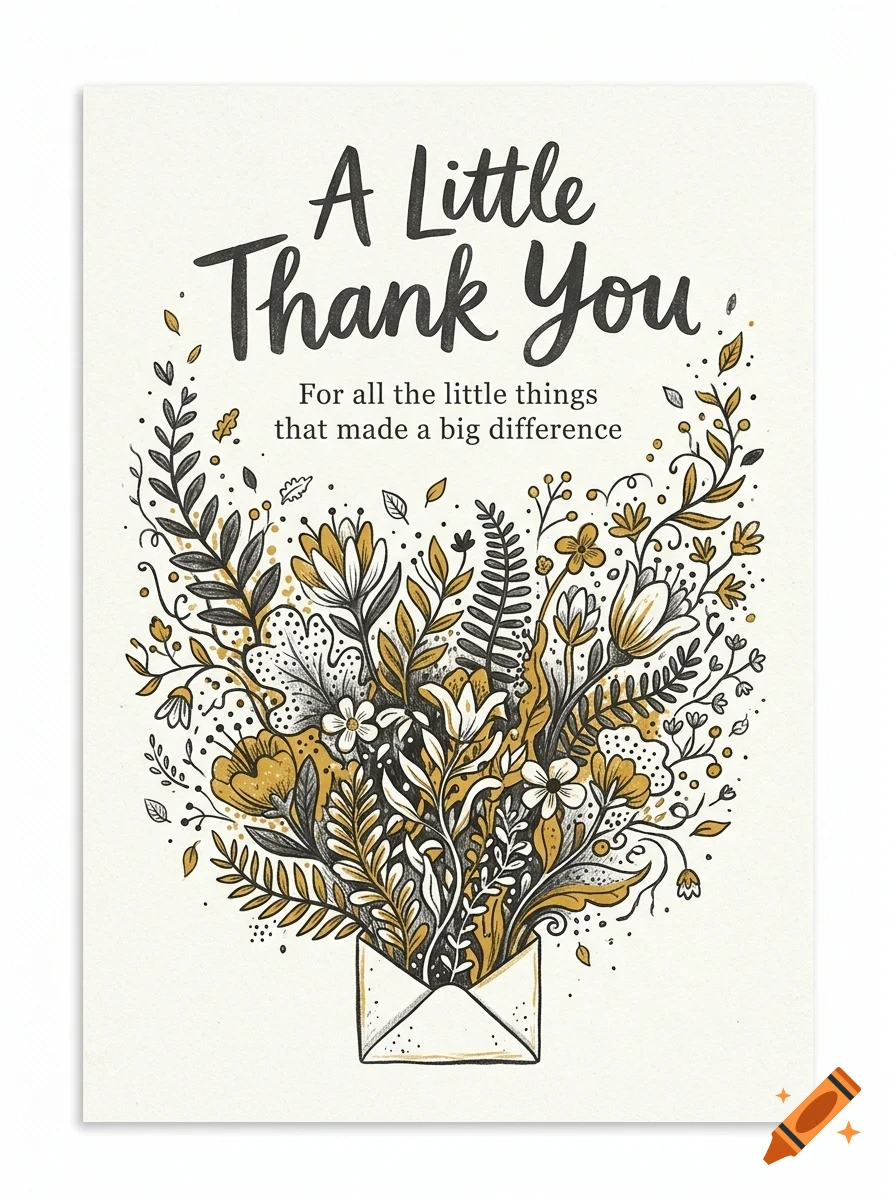 A greeting card with an envelope bursting with illustrated flowers and leaves, featuring the text 'A Little Thank You'.