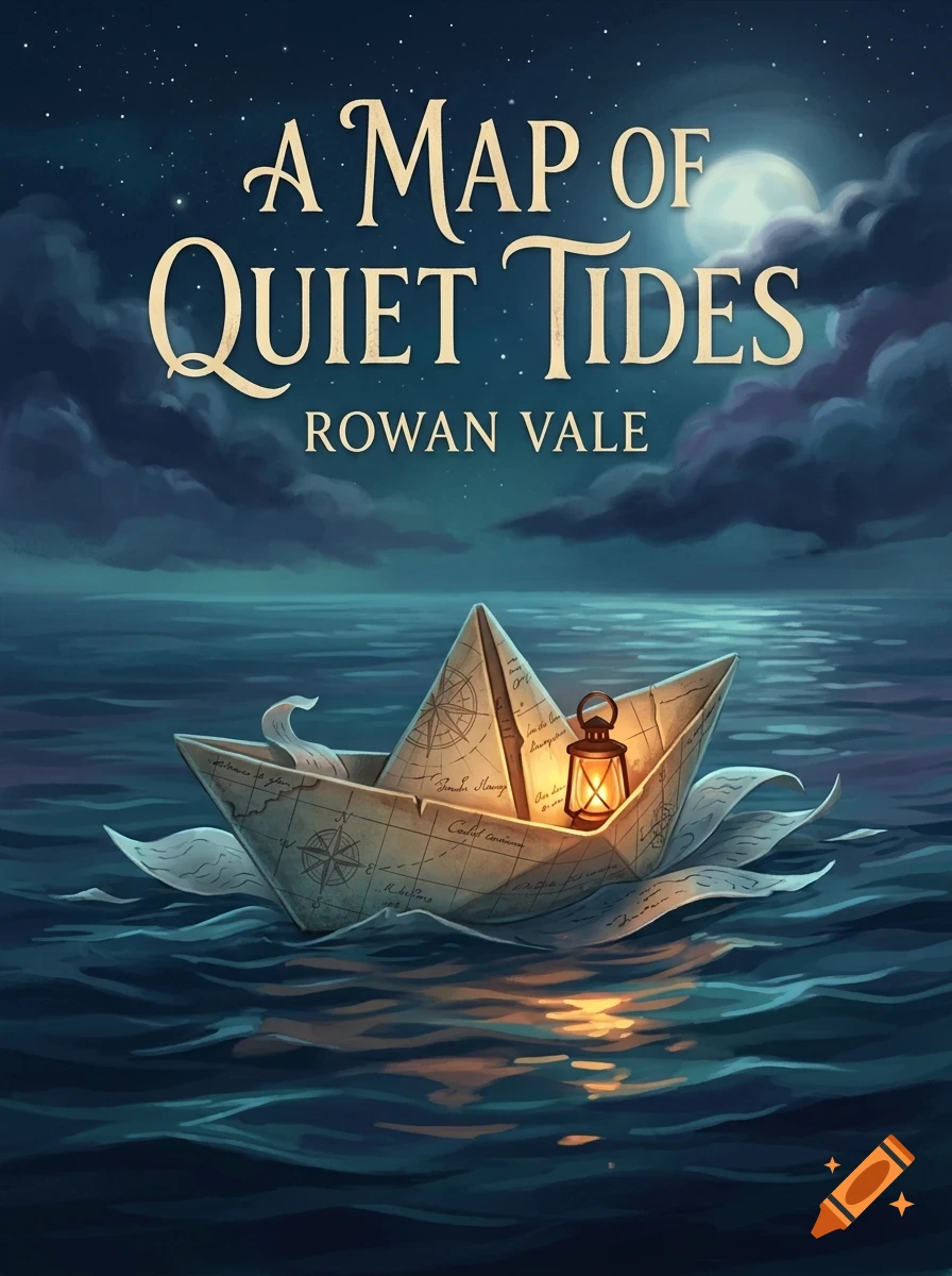 An illustration of a paper boat carrying a lit lantern floating on dark water under a moonlit, starry sky with clouds, featuring the title text 'A Map of Quiet Tides' by Rowan Vale.