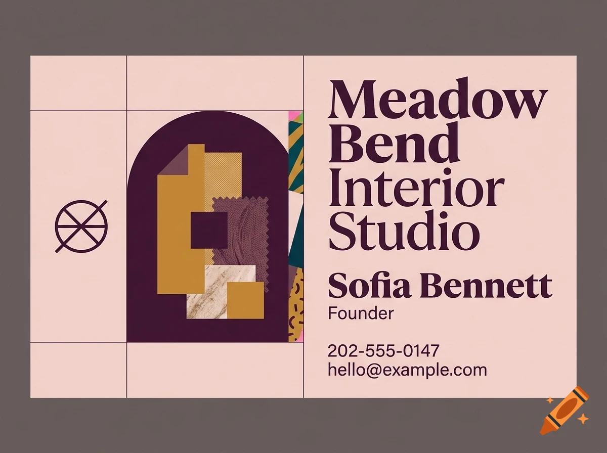 A business card design for Meadow Bend Interior Studio with typography and abstract graphic elements.