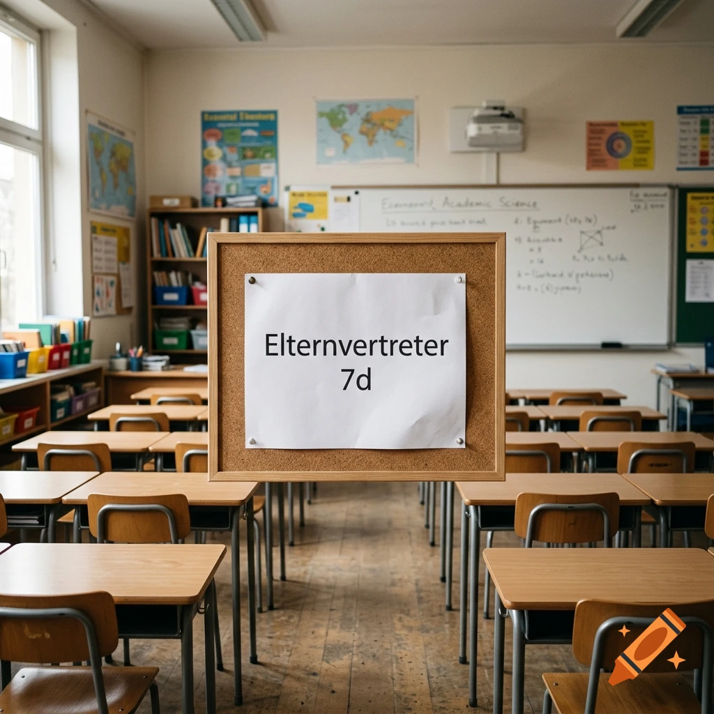 An empty classroom with wooden desks, a blackboard in the background, and a corkboard displaying a paper with German text.