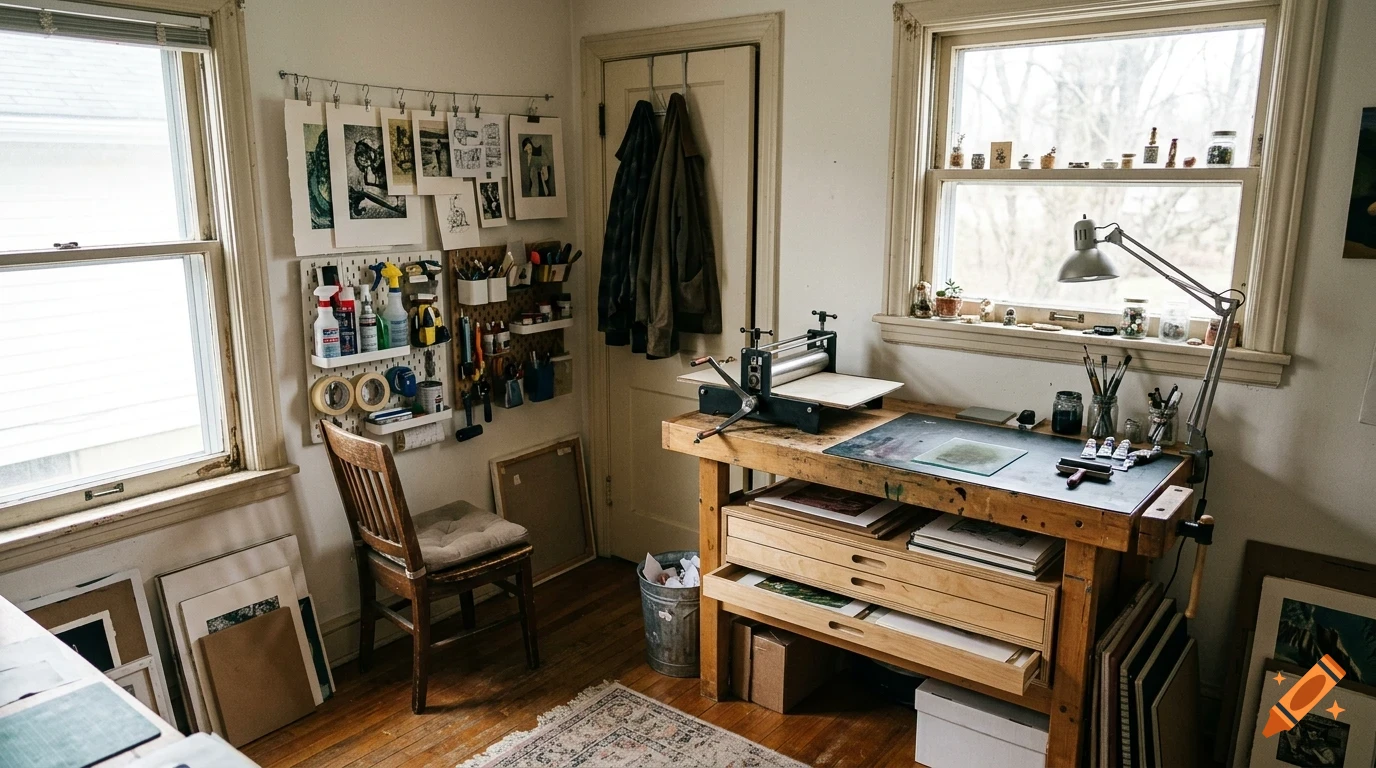 An artist's studio with a wooden workbench, printing press, supplies on pegboards, and framed artwork hanging on the wall.