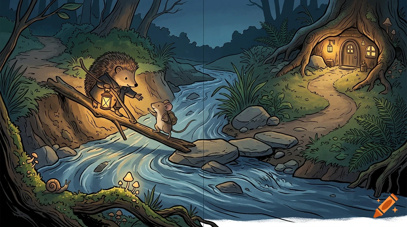 An illustrated night scene of a hedgehog with a lantern and a mouse crossing a stream on a log towards a glowing tree hollow home.