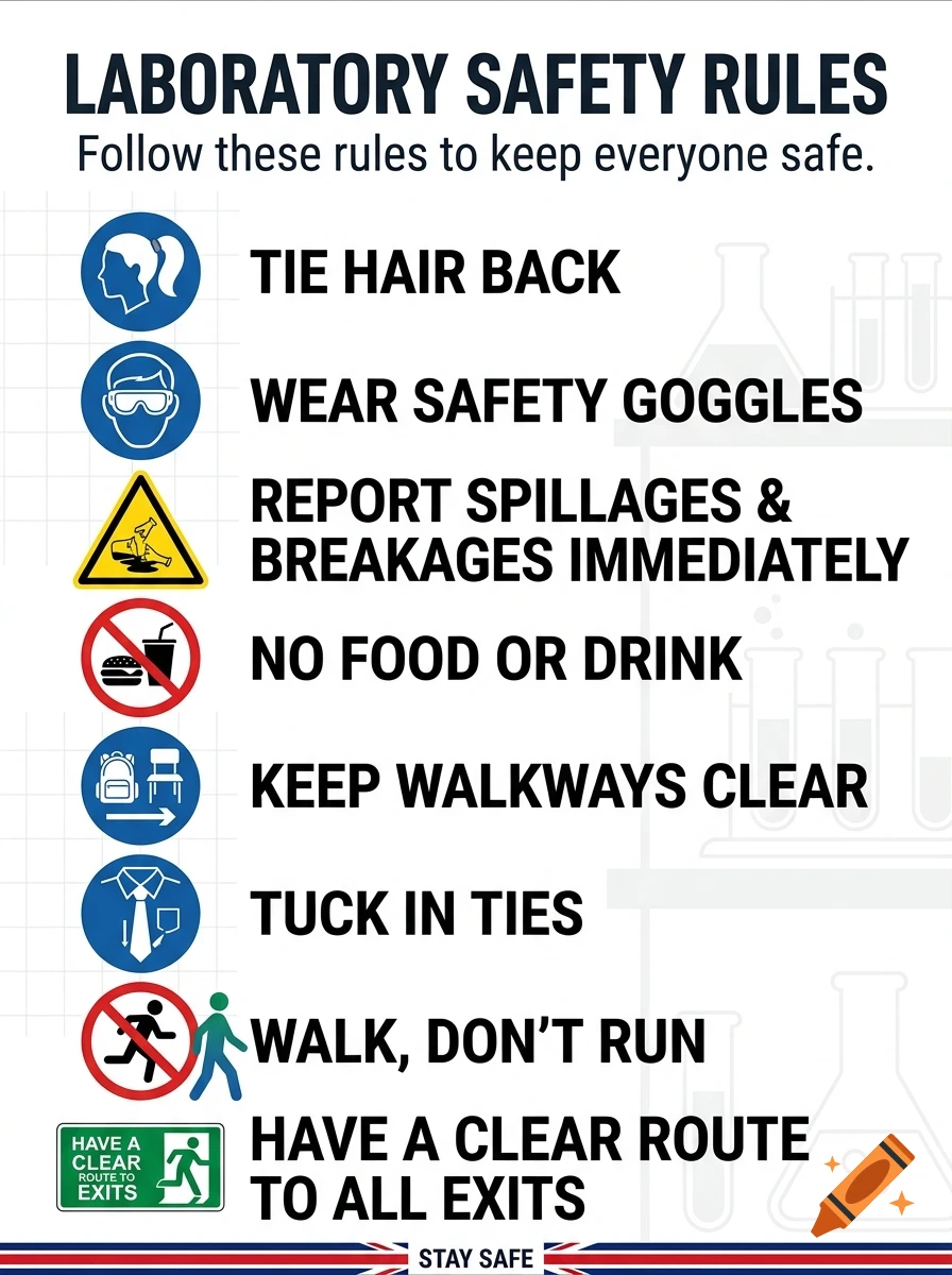 Laboratory safety rules poster with icons and text instructions.