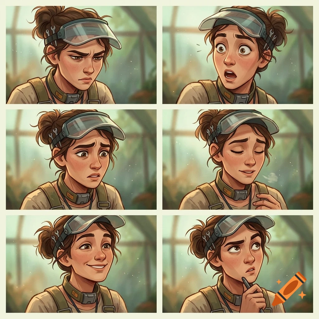 A six-panel comic strip showing a young woman with brown hair, a visor, and work gear displaying various emotional expressions from confused to relieved and thoughtful.