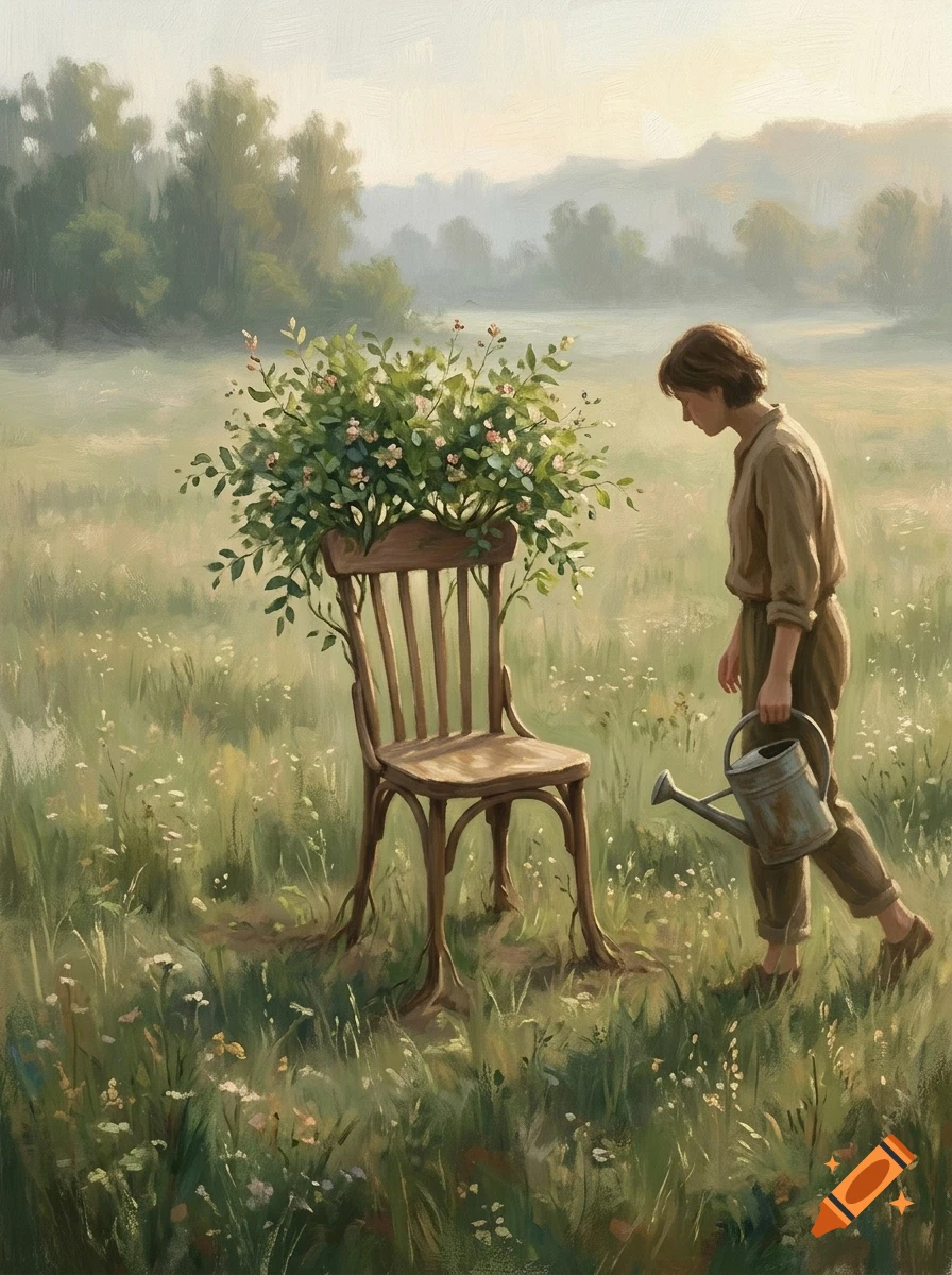 A person holding a watering can stands next to a wooden chair overgrown with plants in a grassy field.