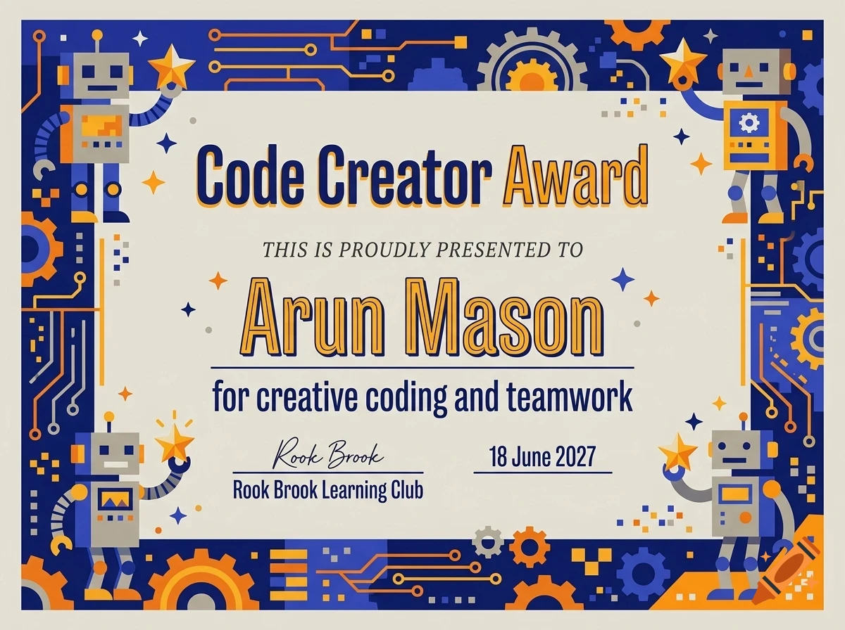 A Code Creator Award certificate featuring robots, circuit board patterns, and gears in blue and orange.