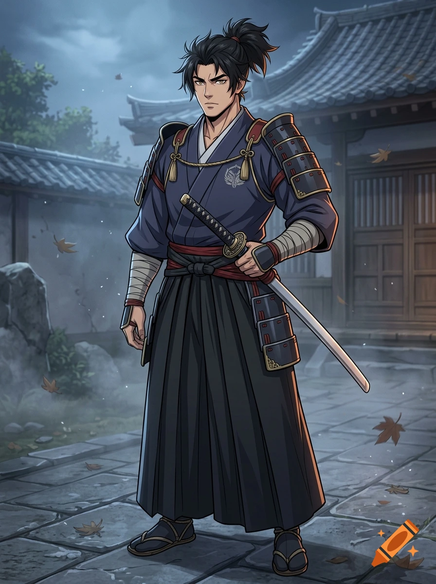 Anime style illustration of a male samurai in traditional dark blue and black armor standing in a courtyard.
