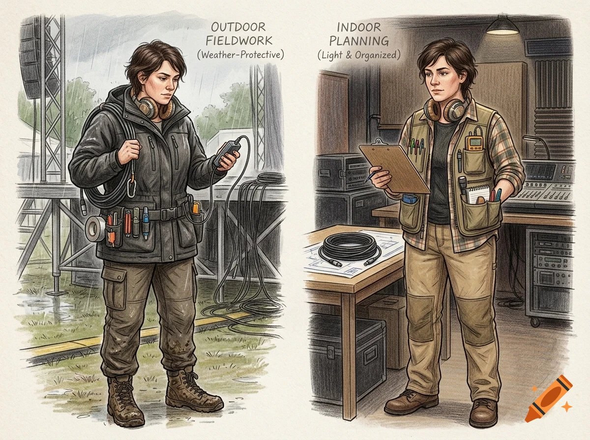 An illustrated comparison of a person doing outdoor fieldwork in weather-protective gear and indoor planning in an organized setup.
