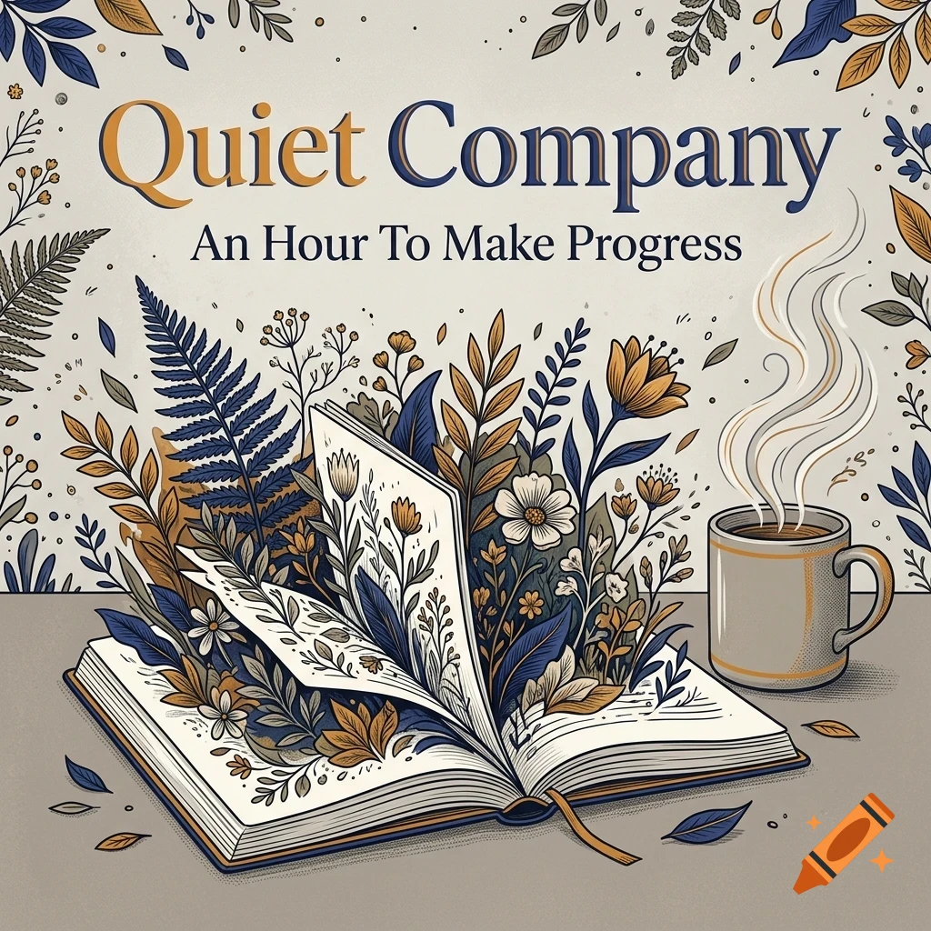 An illustrated design with an open book sprouting flowers and leaves, a mug with steaming coffee beside it, and the text Quiet Company and An Hour To Make Progress.