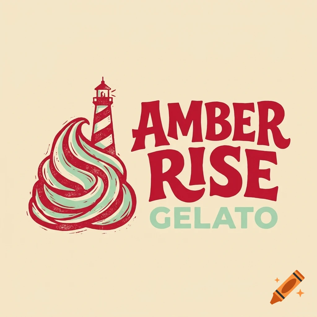 A logo for Amber Rise Gelato featuring a swirl of gelato resembling a lighthouse with red stripes next to red and green text.