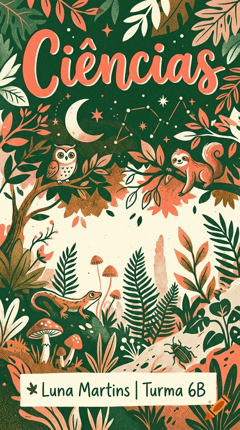 An illustrated nature scene featuring an owl, a sloth, a lizard, mushrooms, and plants under a starry night sky with the Portuguese word Ciências at the top.
