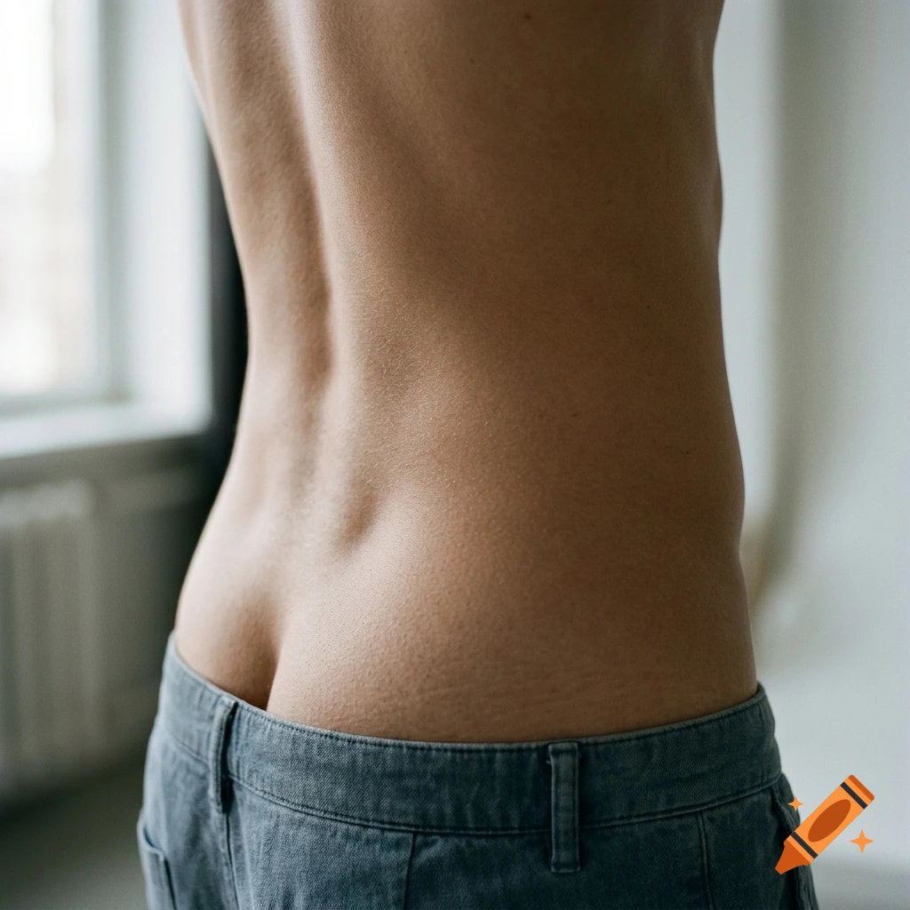 Close-up photograph of a person's lower back and waist wearing grey trousers.