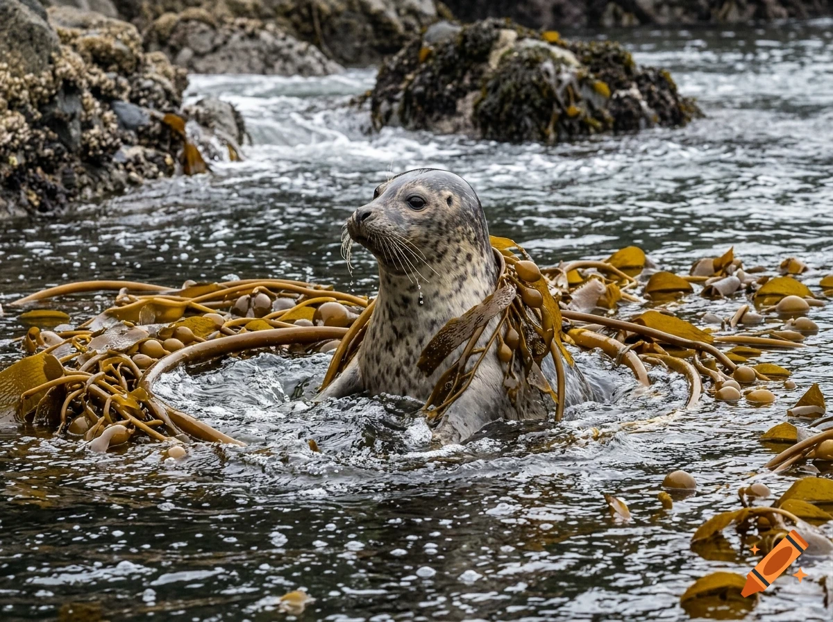 A seal surrounded by kelp in the water near rocks.