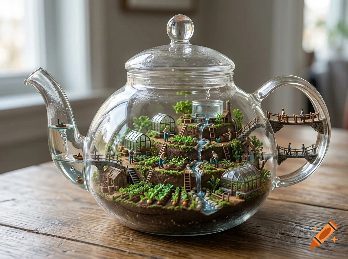 A detailed miniature terrarium inside a clear glass teapot, featuring terraced gardens, tiny greenhouses, a waterfall, and miniature figures.
