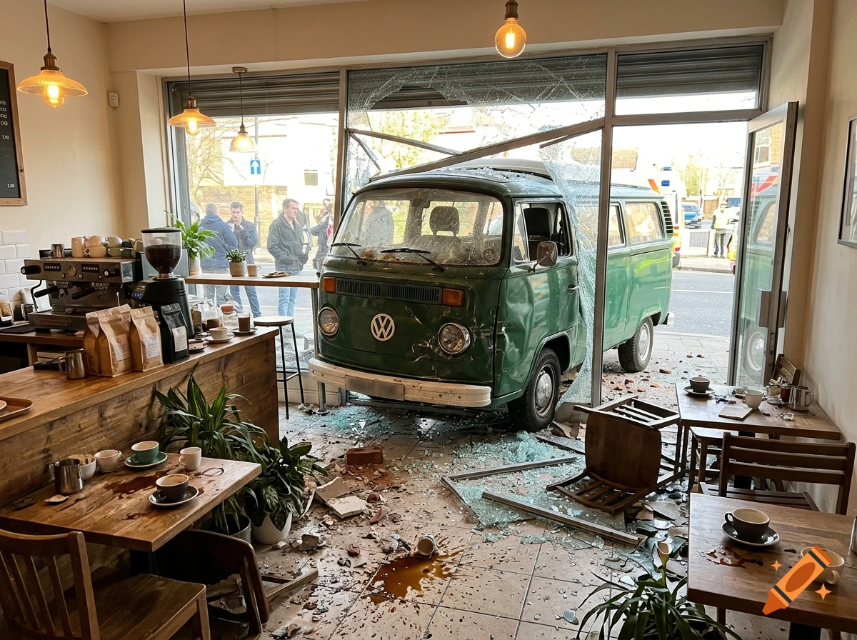 Photorealistic interior of a coffee shop where a green Volkswagen van has crashed through the front glass window, scattering debris and spilled coffee across the floor.