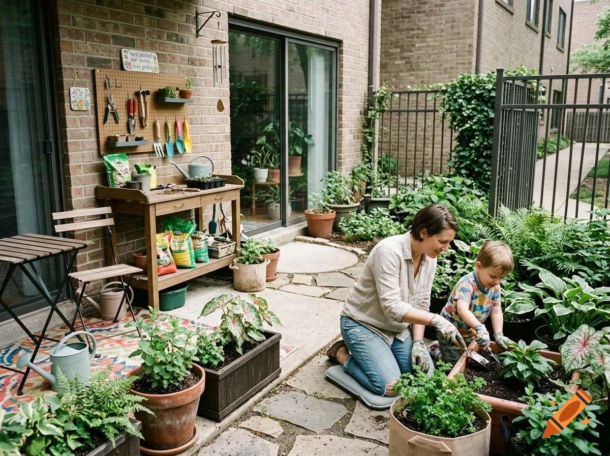 A woman and a young boy are kneeling and gardening in pots on a patio outside a brick home.