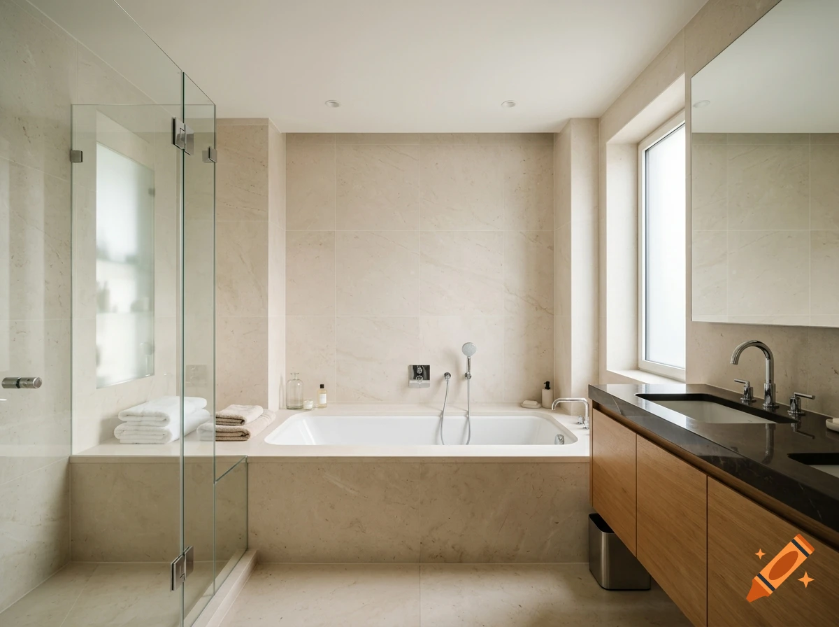 Photorealistic modern apartment bathroom featuring a built-in bathtub, glass shower, and wooden vanity with double sinks.