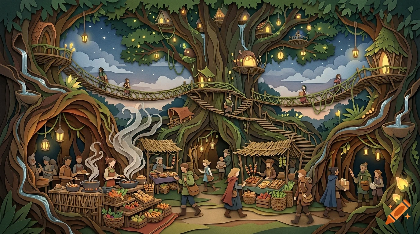 An intricate papercraft-style illustration of a bustling village inside a giant glowing tree at night, with people walking on rope bridges and shopping at market stalls.