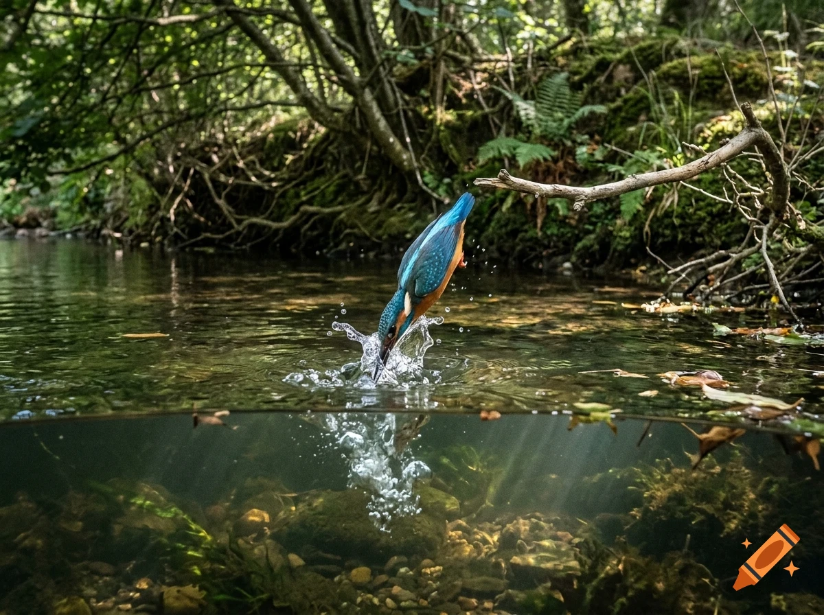 A kingfisher dives headfirst into a clear stream, creating a splash with air bubbles underwater.